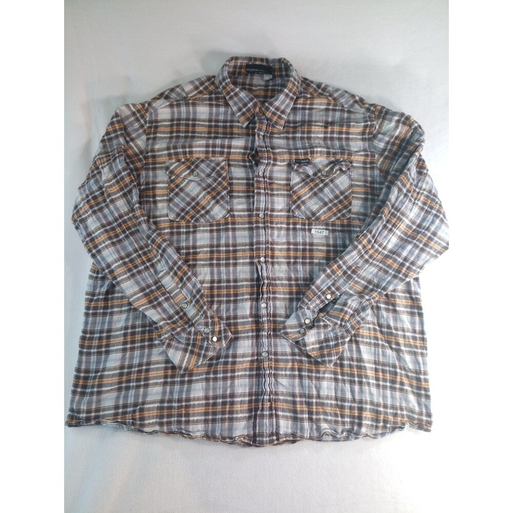 Rocawear Mens 2XL Plaid Snap Button Shirt Brown Gray Long Sleeve Casual (P)
